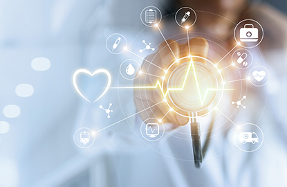 Featured trends healthcare technology imagery with health symbols like an ambulance, heart, thermometer, and more.